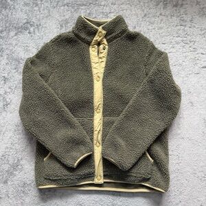 Women’s Medium Lands End Sherpa Fleece Snap Jacket Olive Green Beige Trim